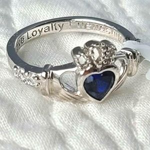 Shan Ore 925 Silver Ring September Blue Birthstone Claddagh Irish Heart